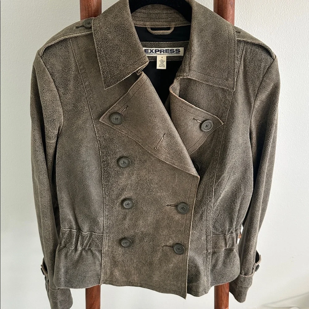 NWOT Vintage Express distressed brown leather double-breasted jacket - Picture 1 of 11